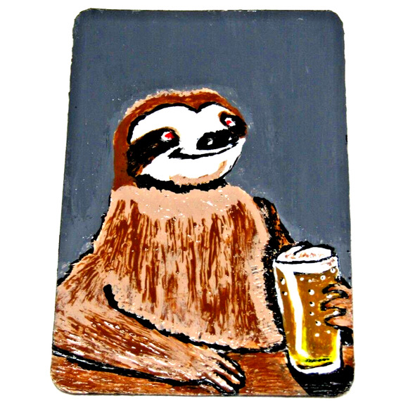 ACEO Art Card Sloth Drinking Beer Artist Signed Comical Animalistic - Picture 1 of 2